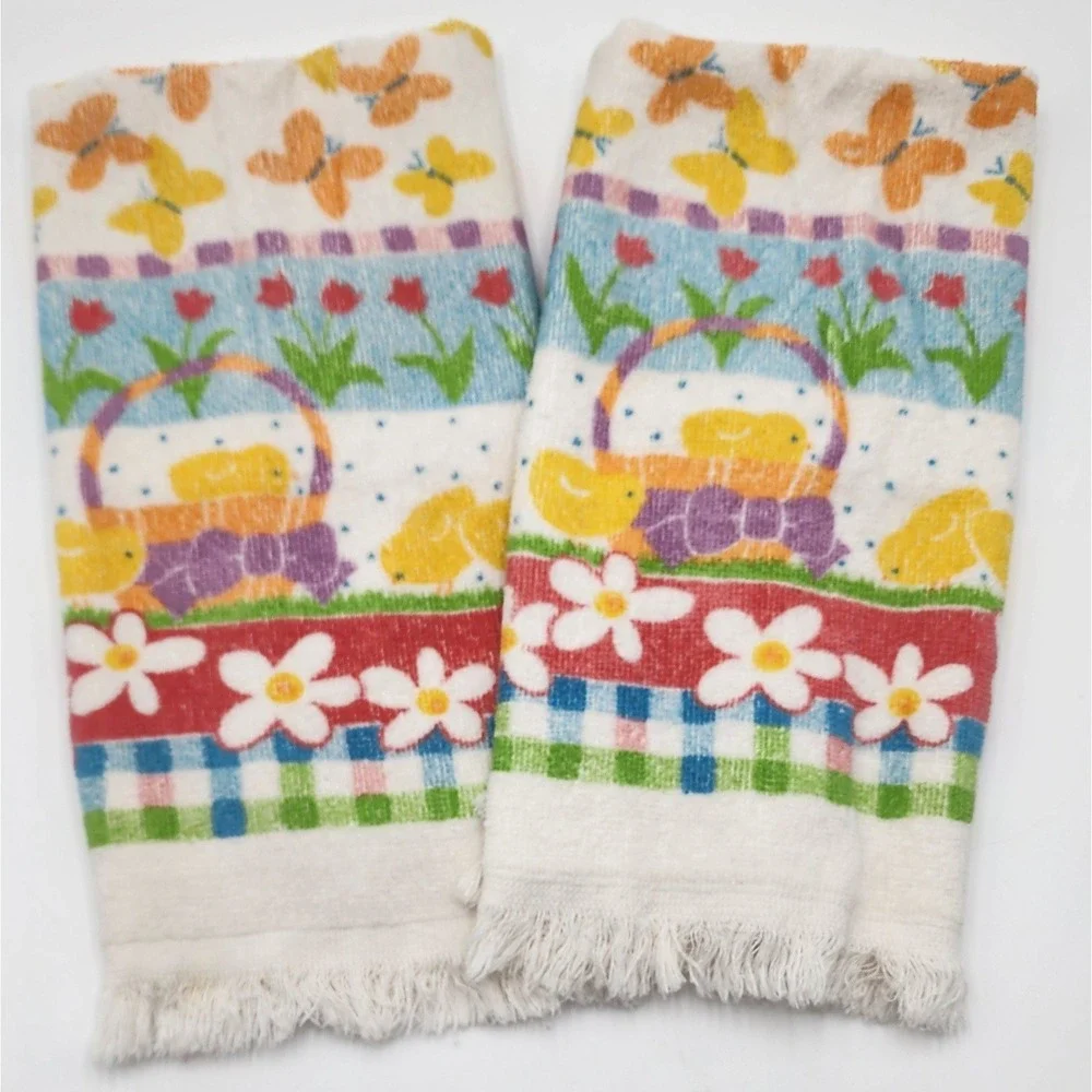 Cecil Saydah Hand Towels 2pc Set White Multicolor Easter Spring Chicks Vintage